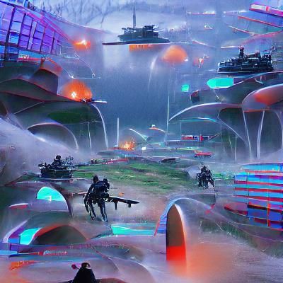 Futuristic Battlefield at Dusk in Digital Art Style