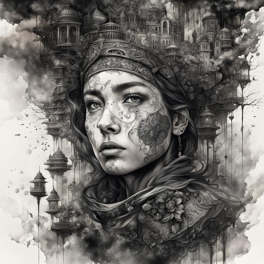 Intricate Ink Portrait of an Upside Down Woman