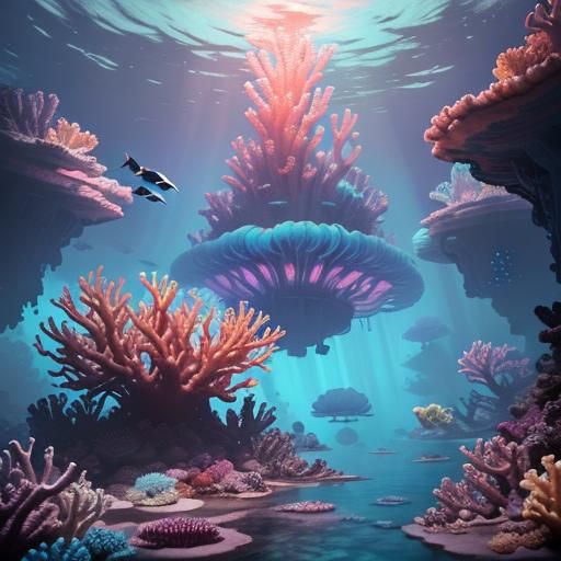 Rainbow Jellyfish in Deep Underwater City: Digital Art