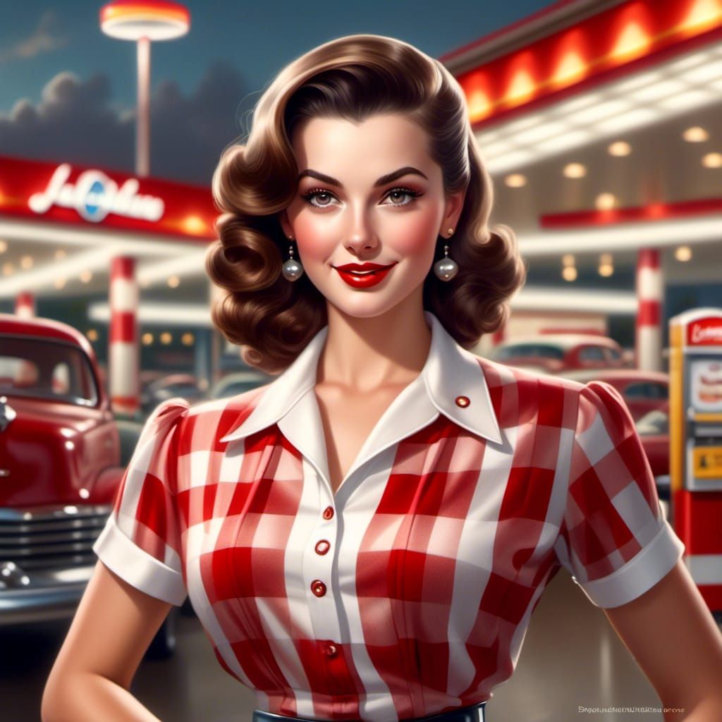 Vintage Pin-Up Girl at Service Station, 8K Digital Art