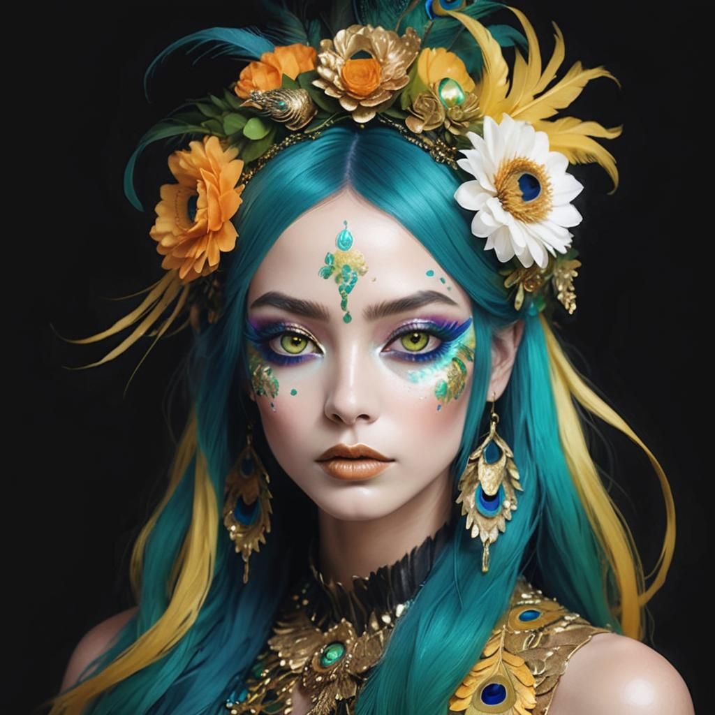 Peacock Haired Gold Woman in Floral Jungle
