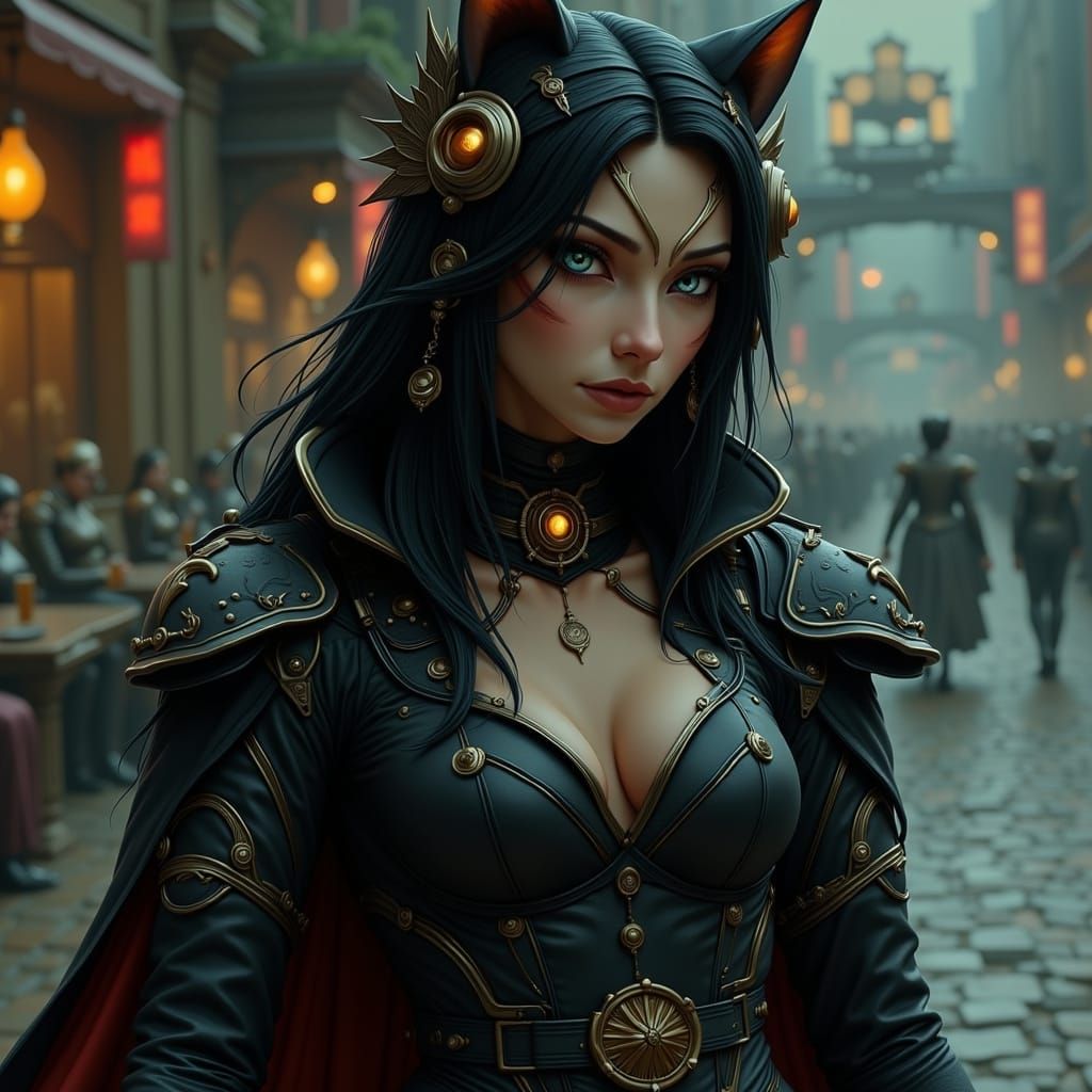 <lora:Feline Hero2:1.0> An elven priestess, wearing a black ...