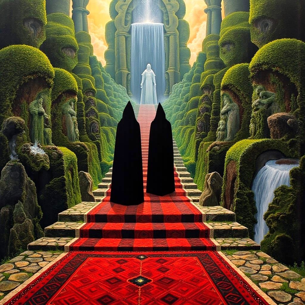 Hooded Figures Journey Through Labyrinth in Dark Oil Paint