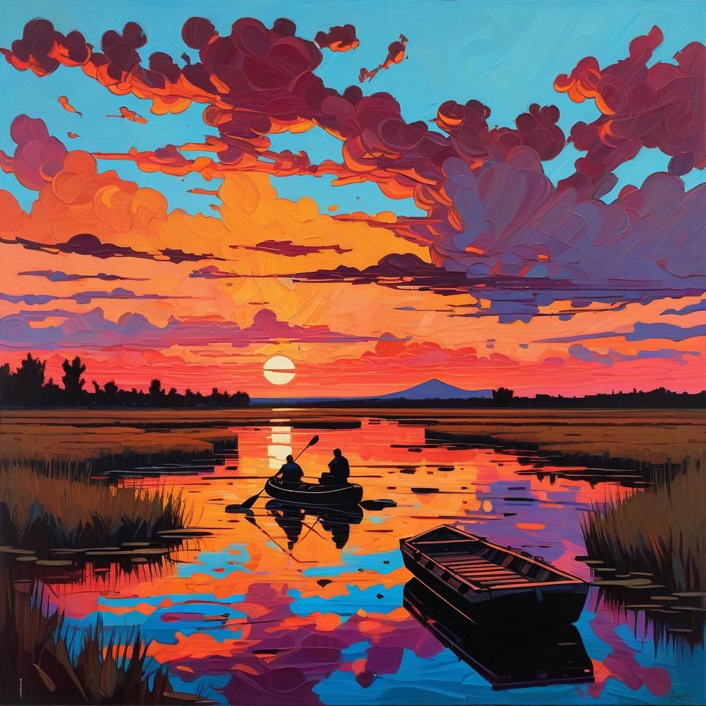 Sunset Raft on Marshland in Impressionistic Style
