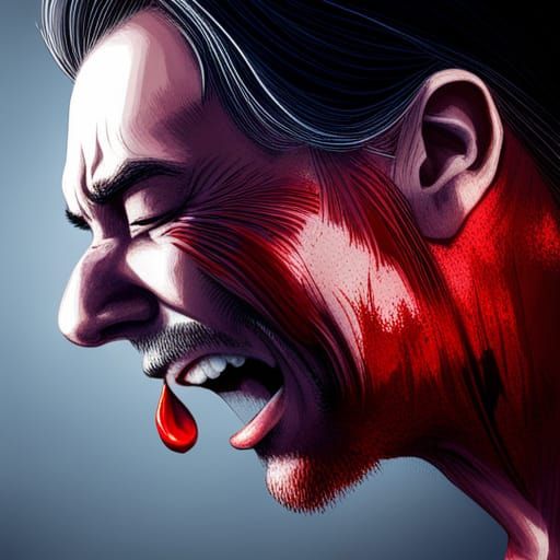 Hyperrealistic Smiling Man Crying Tears of Blood