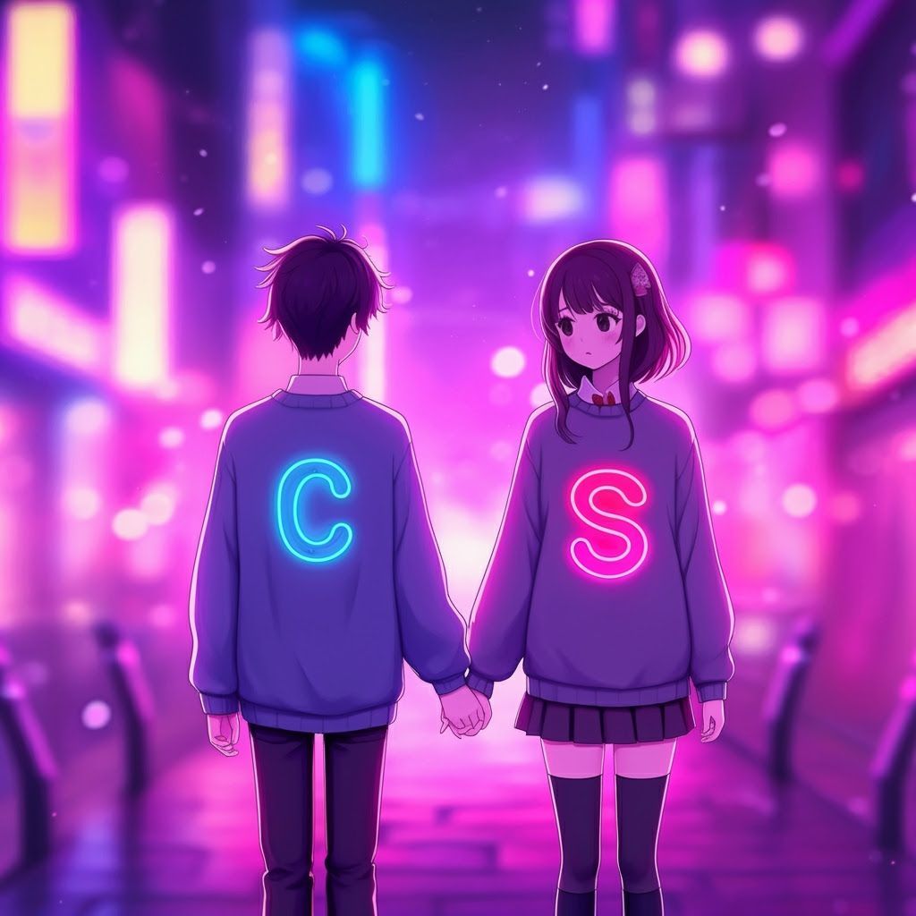 Anime Couple in Neon Cityscape, Digital Art