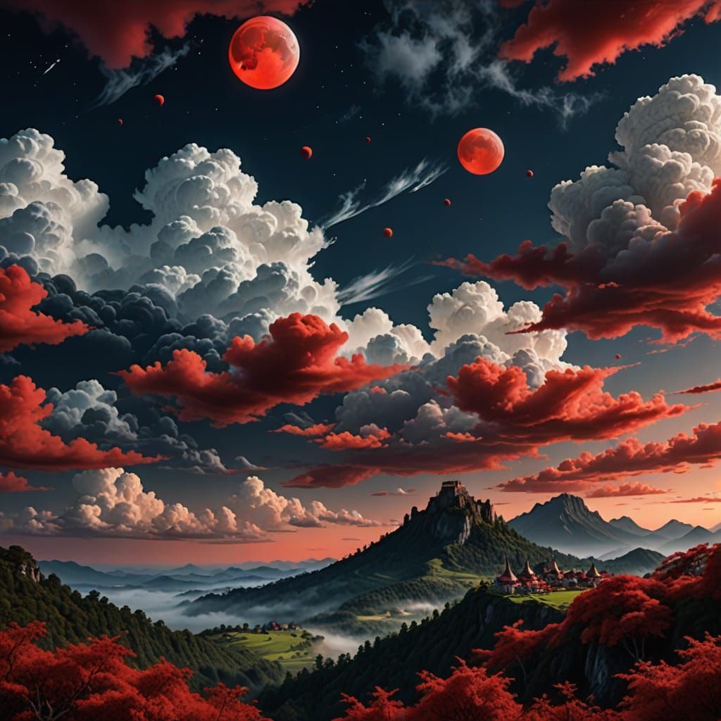 Rolling Clouds Under a Red Fantasy Moon