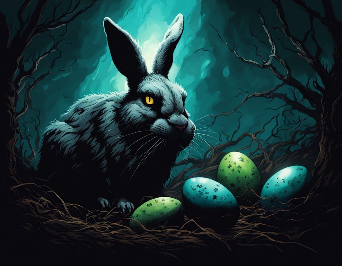 Dark Easter Bunny Amidst Whimsical Horror