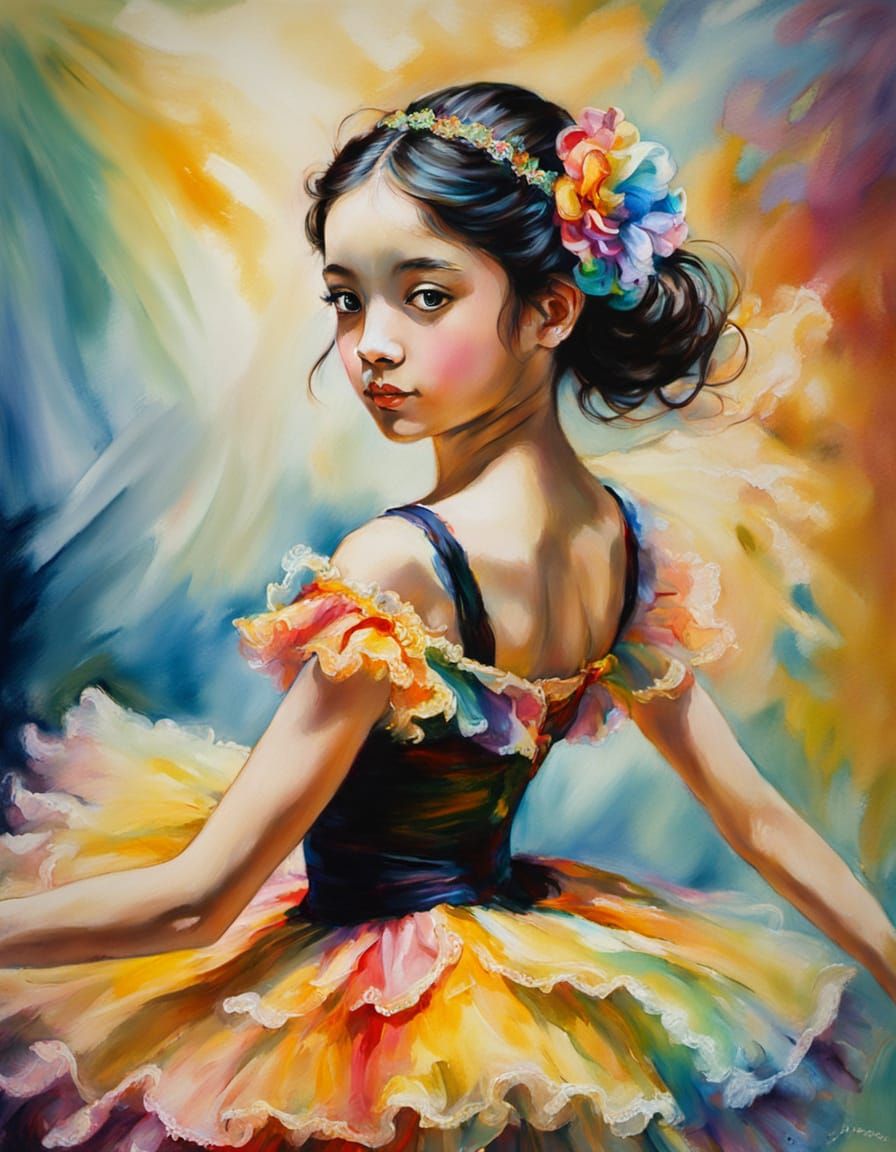 Elegant Black Haired Ballet Dancer in Impressionist Style