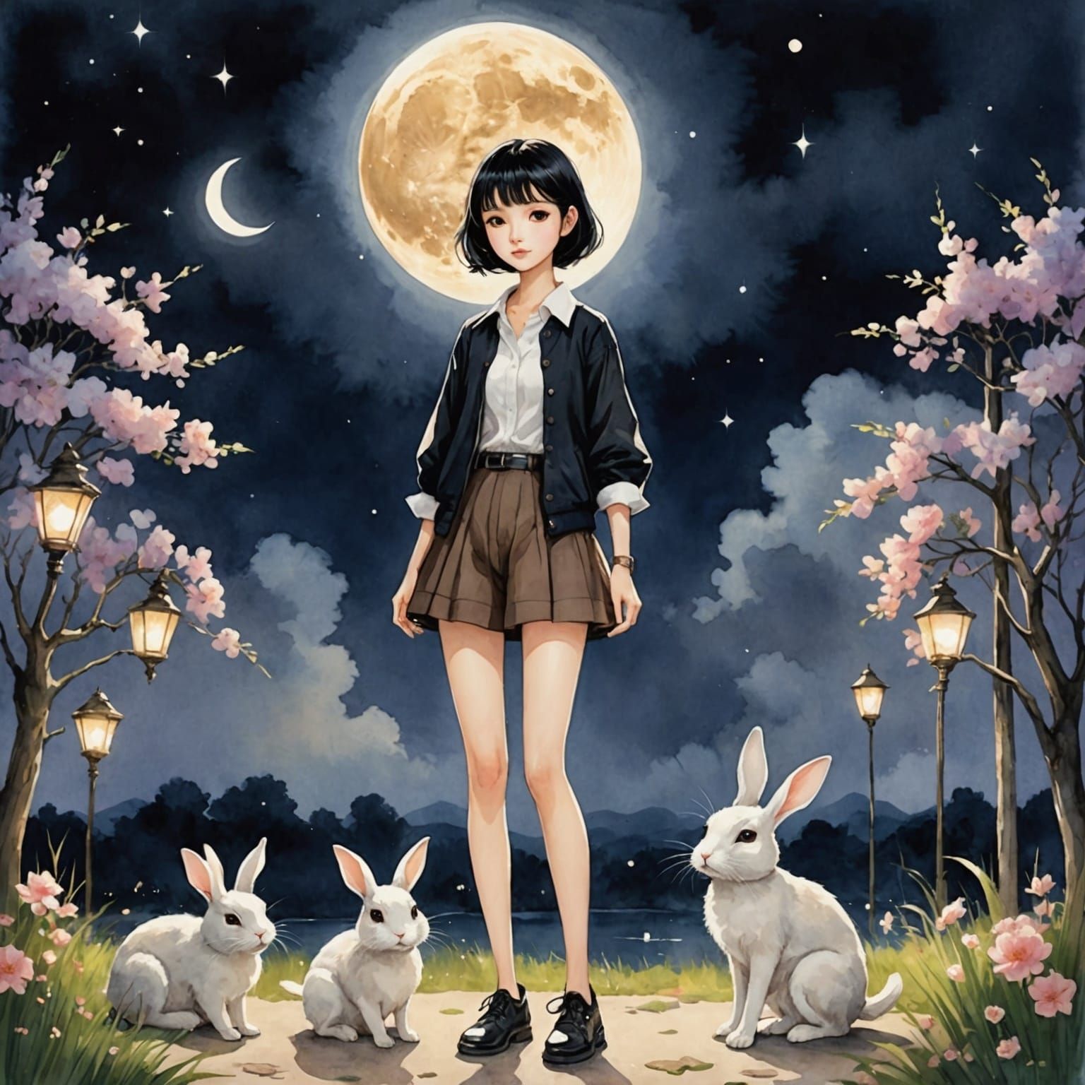 Pretty Thai Woman in Cute Watercolor Painting