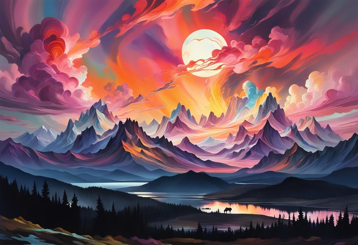 Reflective Lake Under Swirling Clouds in Rococo Style