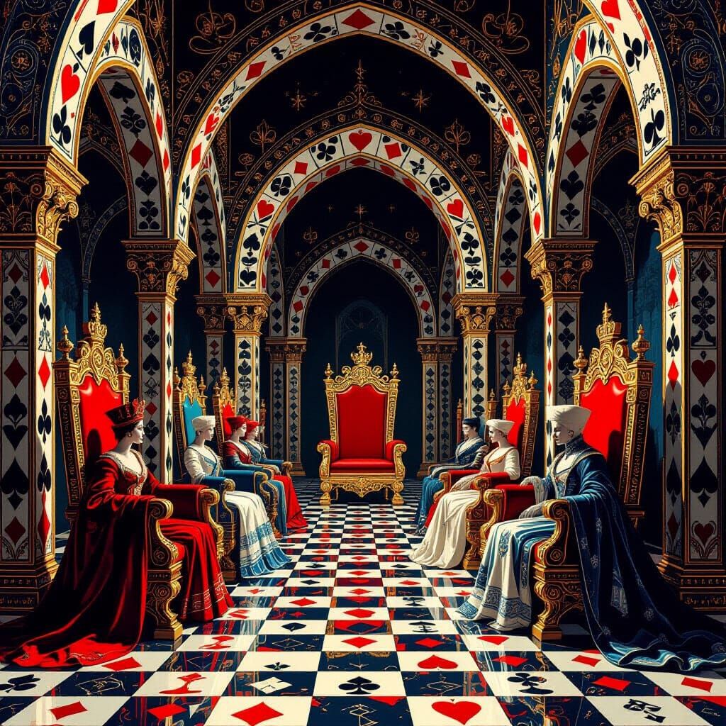 Surreal Royal Court Built From Playing Card Suits and Patter...