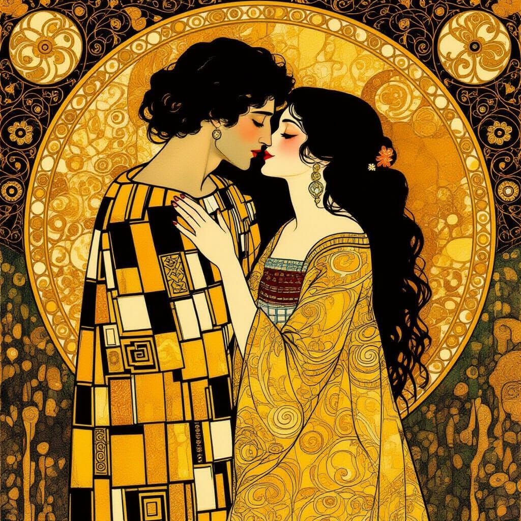 Golden Embrace: Two Women in Klimt Style