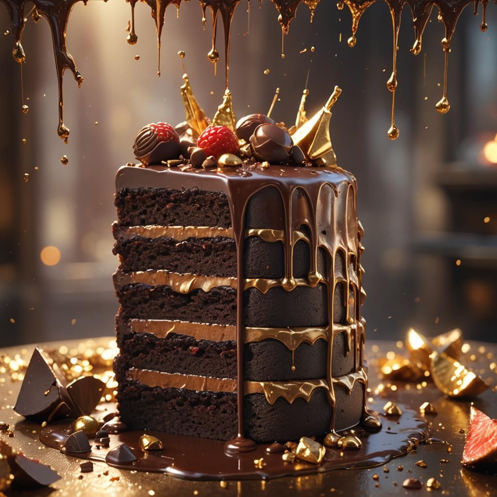 Luxurious Chocolate Cake Slice with Glistening Chocolate Fon...
