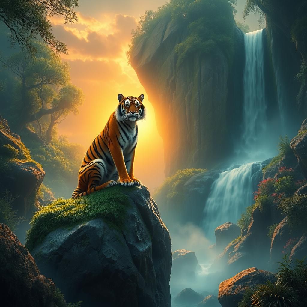 Fantasy Tiger in Mystical Landscape at Sunset