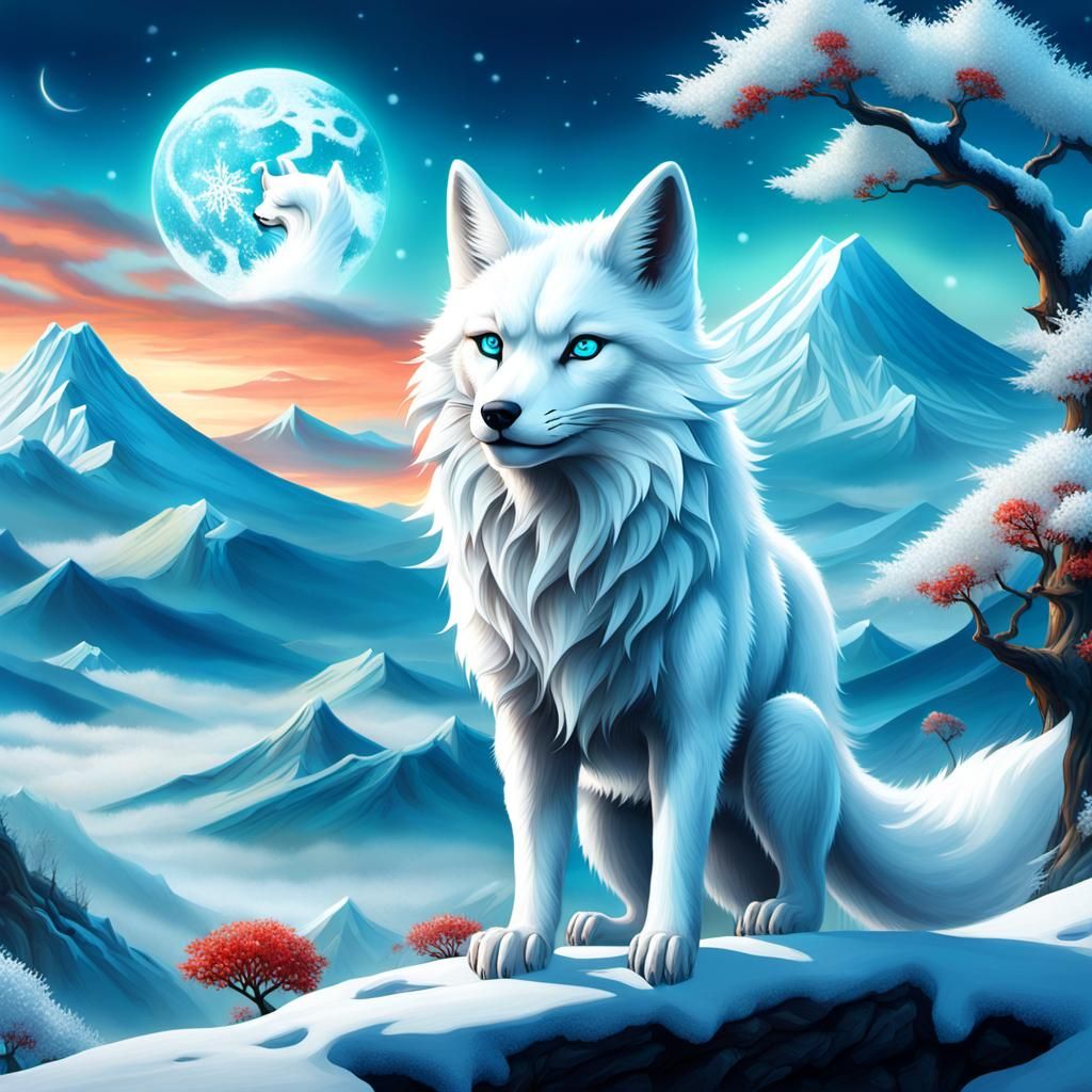 Snowy Kitsune and Wolves at Mount Fuji