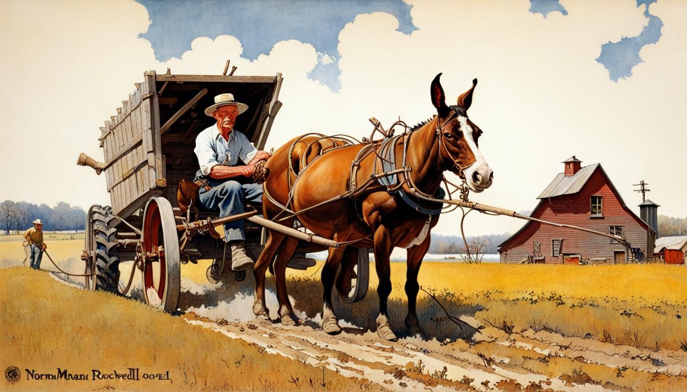 Old Farmer Plowing Field in Americana Style