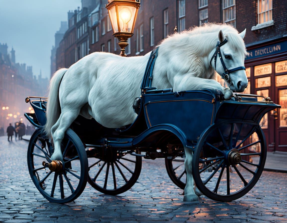 Victorian London Street with Flying Cars in Steampunk Style