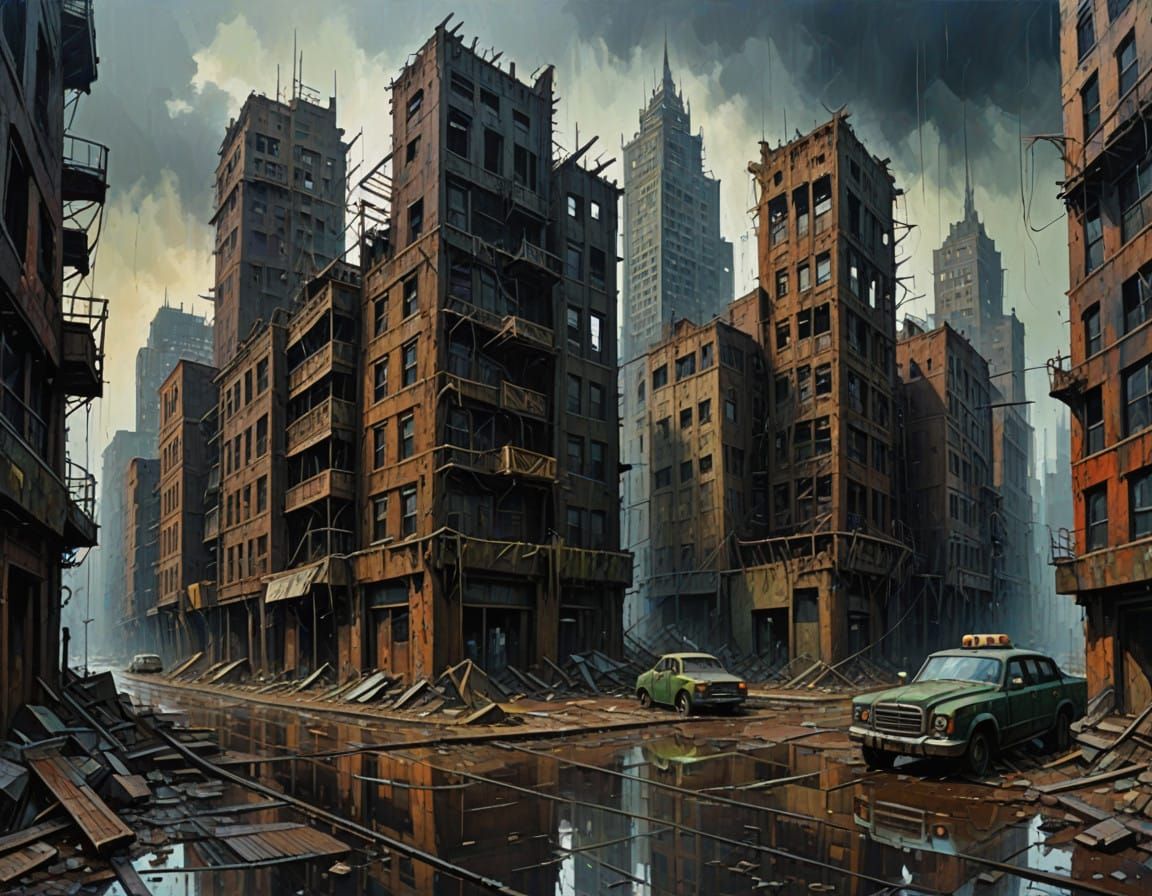 Post-Human Earth: Abandoned Metropolis in Dark Fantasy Oil P...