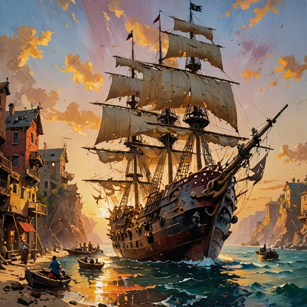 Towering Pirate Ship Dominates Vibrant Pirate Hideout in Abs...