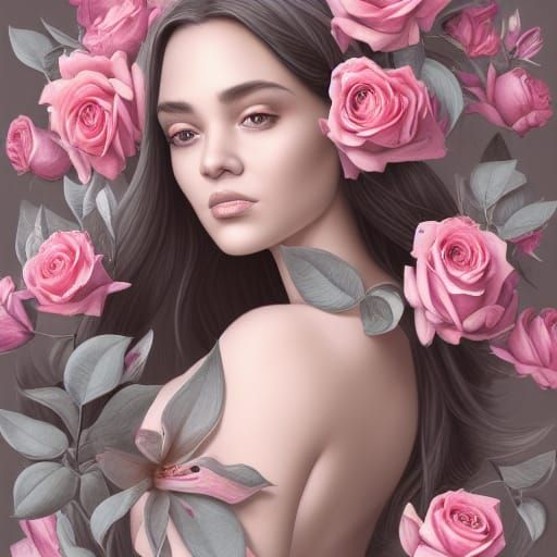 Ornate Portrait of Woman with Lily Flowers in Art Nouveau St...