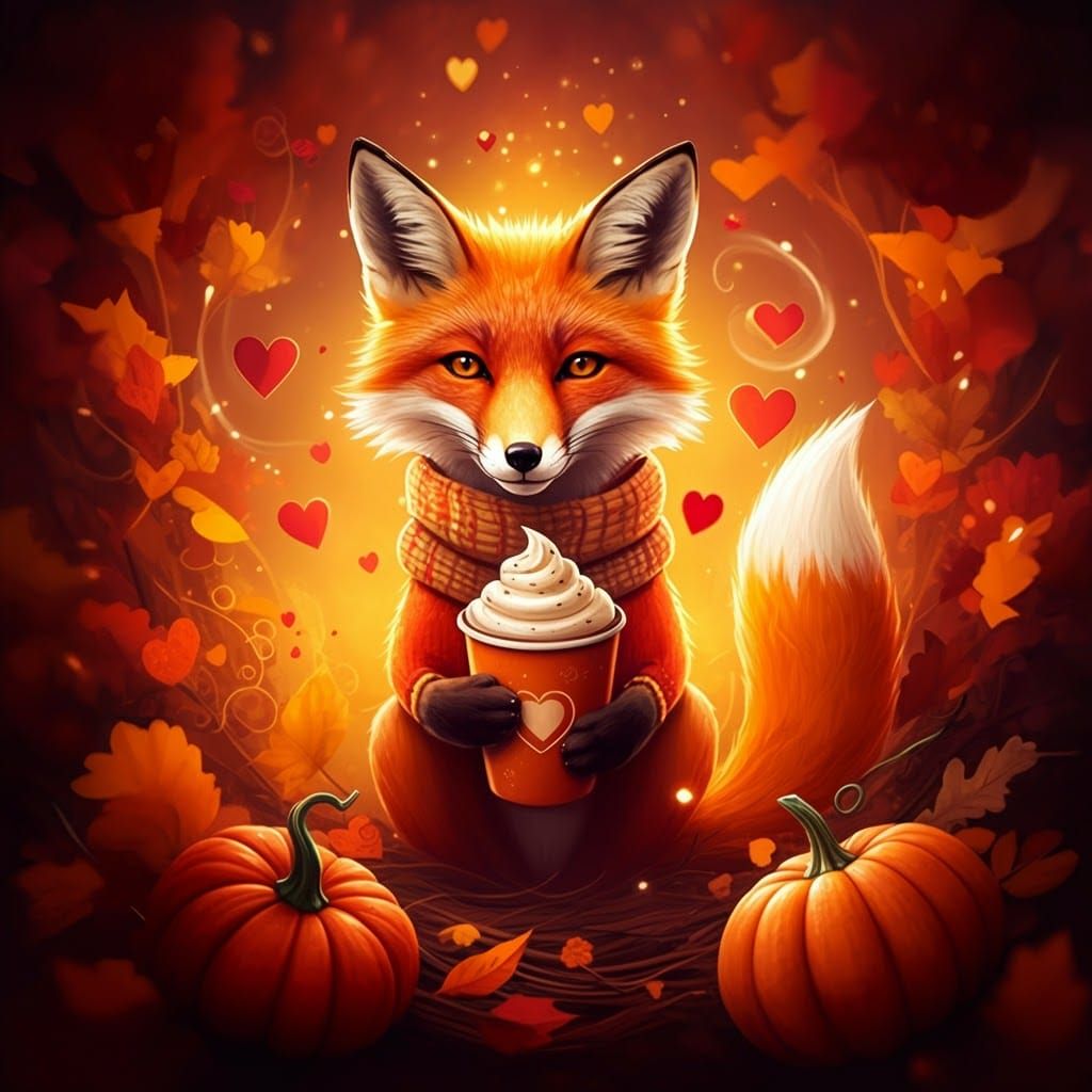 Fox with Pumpkin Spice Latte in Storybook Style