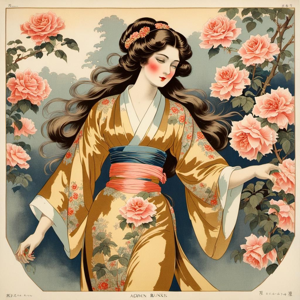 Girl in Kimono with Roses, Art Nouveau Lithograph