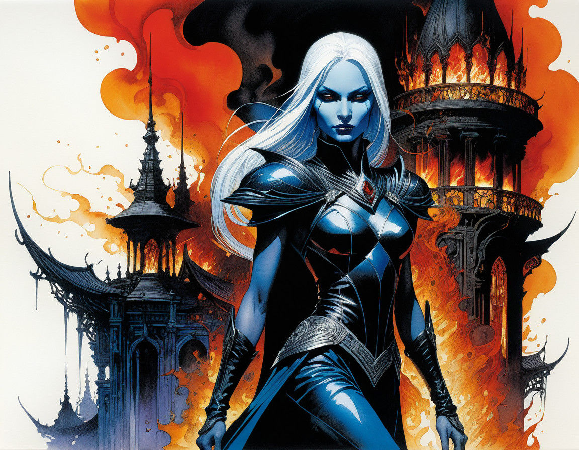 Vibrant Drow Enchantress in a Dynamic Abstract Burning Citys...