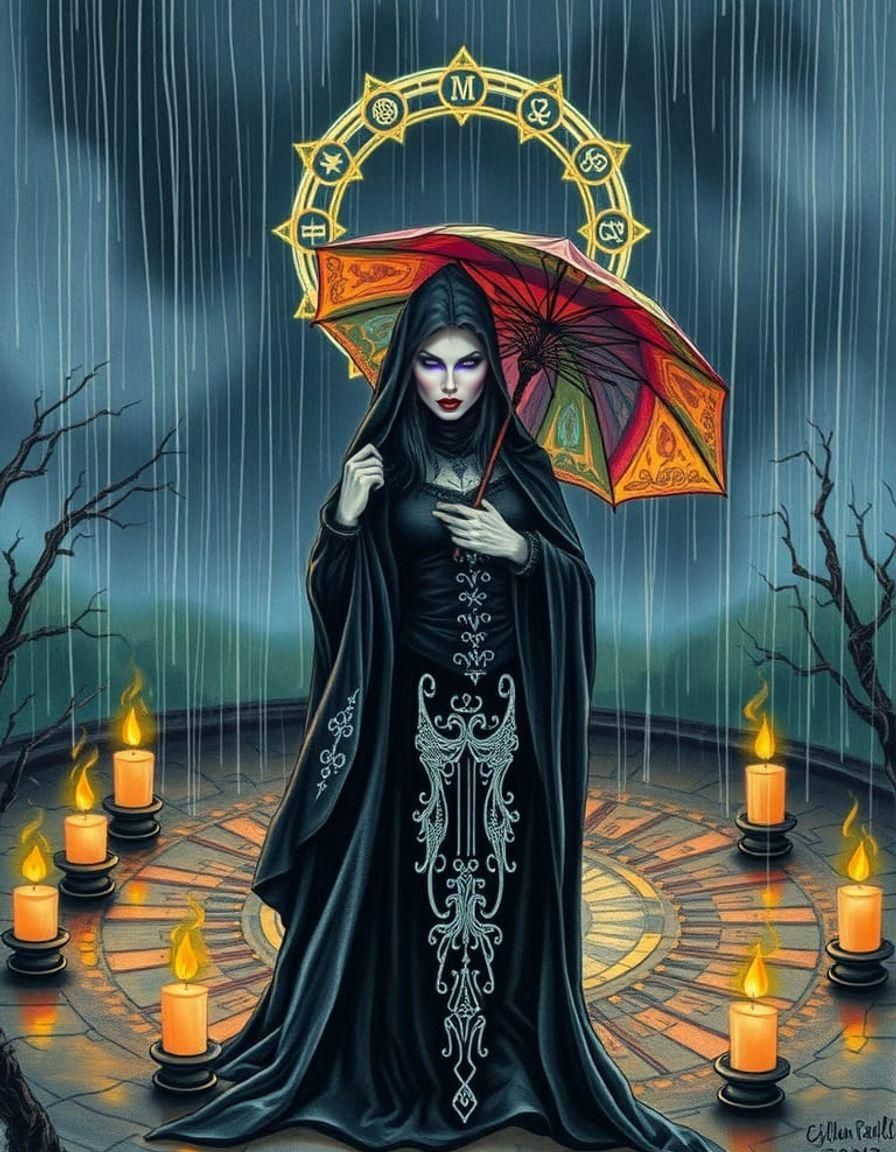 Halloween Witch in Rainy Ritual, Colored Pencil Sketch