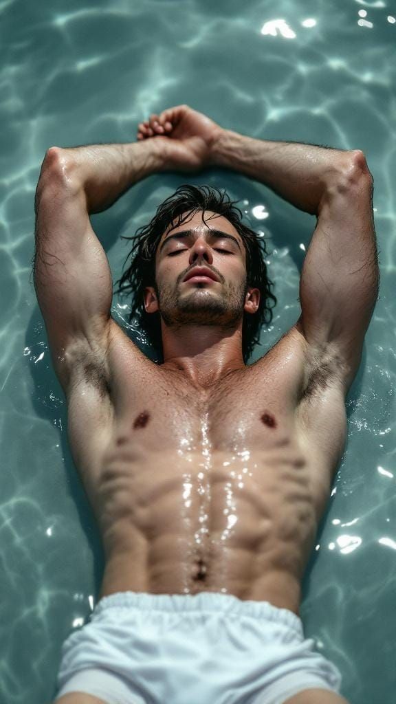 Man in Wet Briefs in Shallow Water