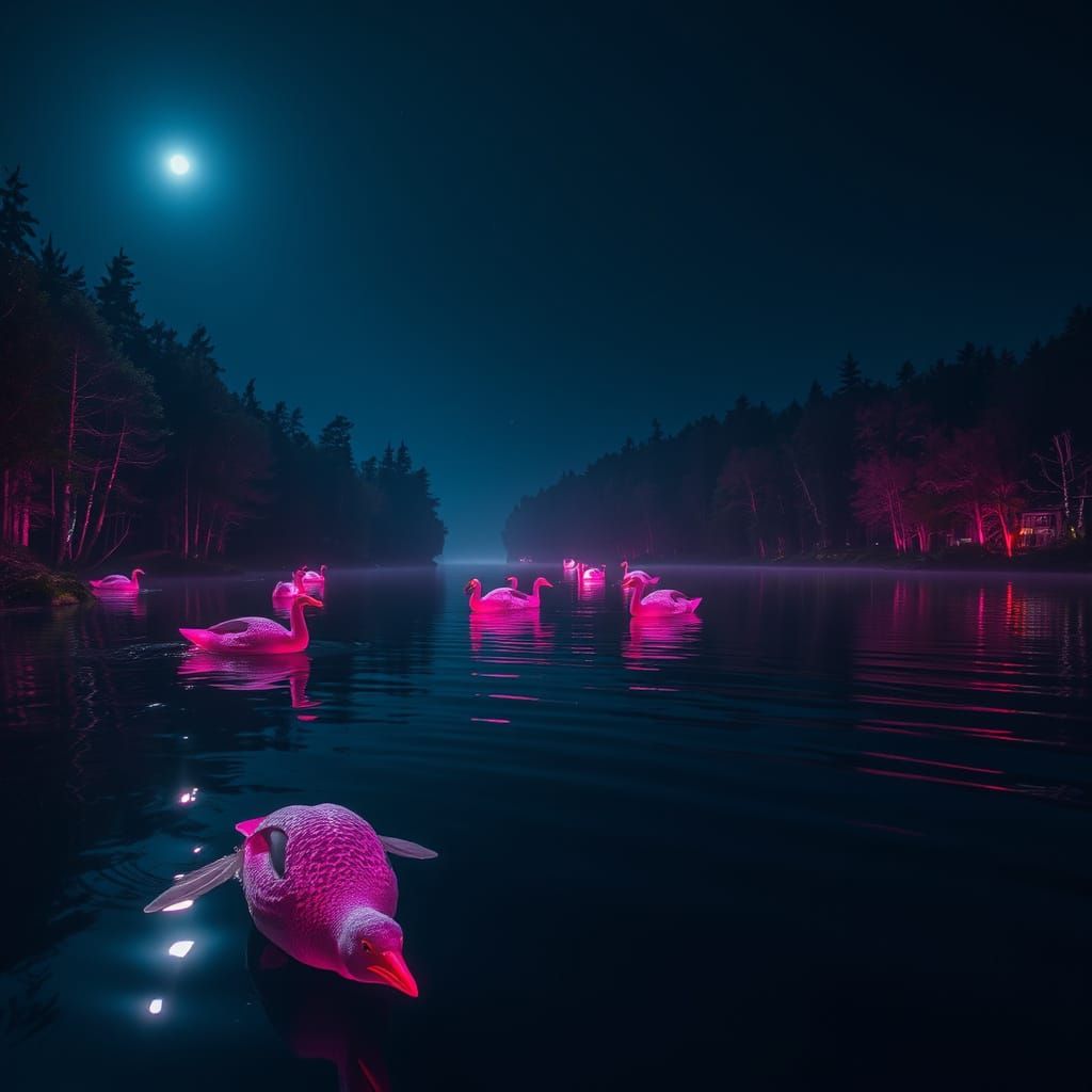Neon Hearts on a Still Lake at Night