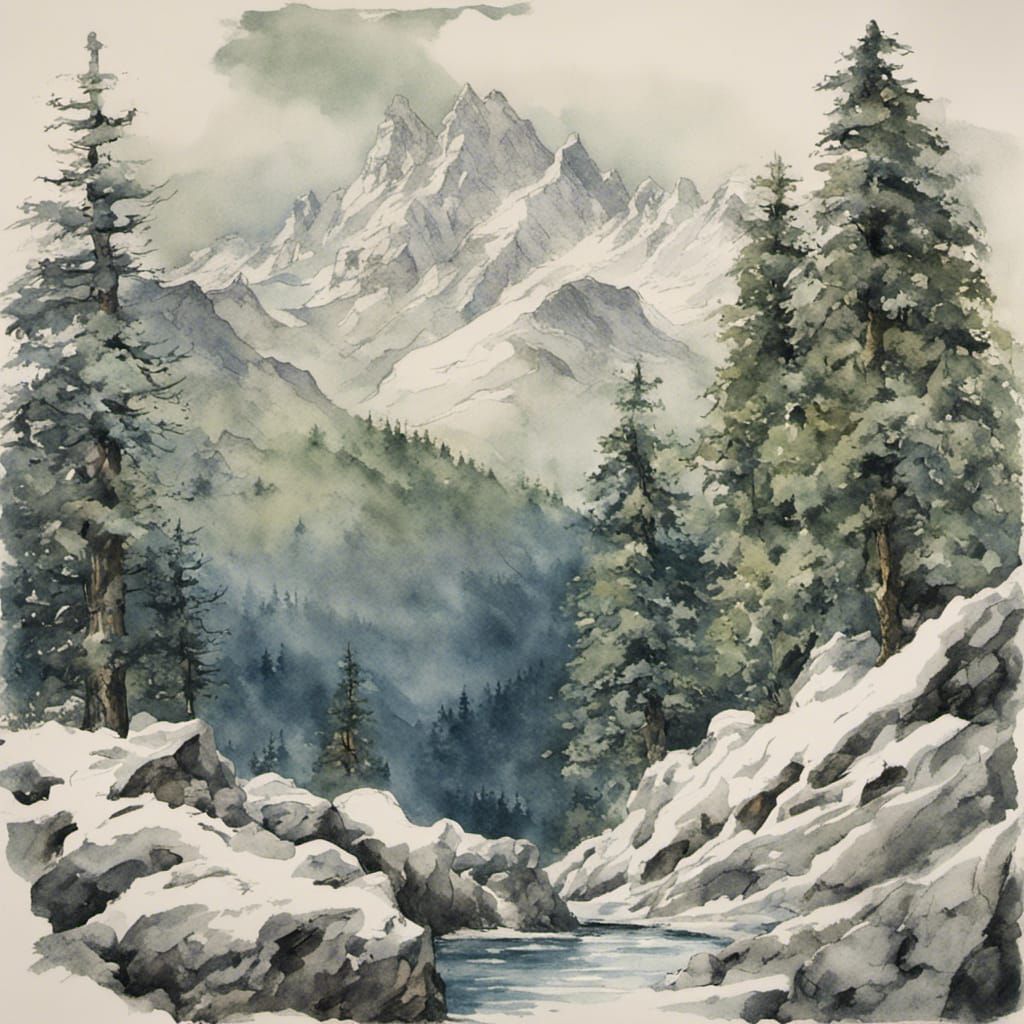Winter Forest Scene with Fir Trees and Mountains