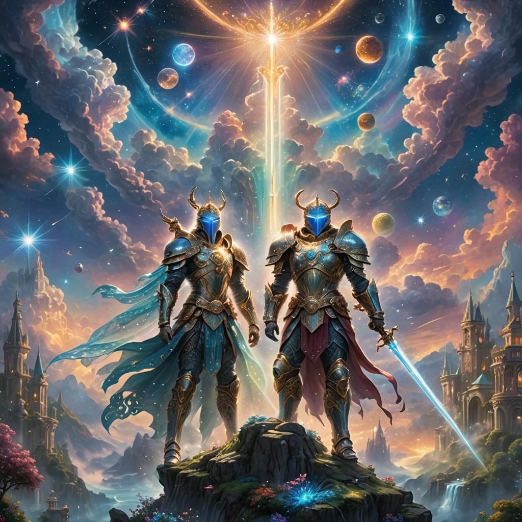 Celestial Hero on Floating Island in Cosmic Sky