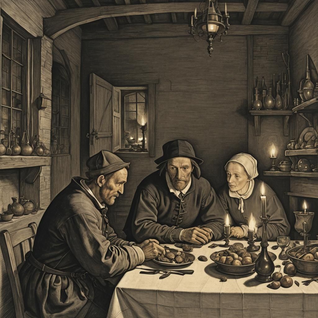 Couple in Candlelight, in the Style of Bruegel