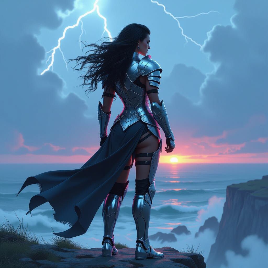 Valkyrie Warrior on Windswept Cliff in Digital Art Style