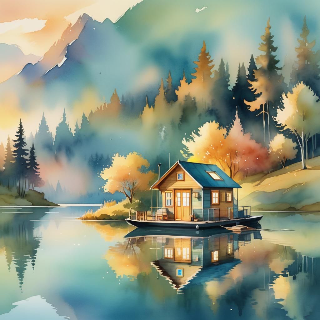 Whimsical Tiny Houseboat on Serene Lake