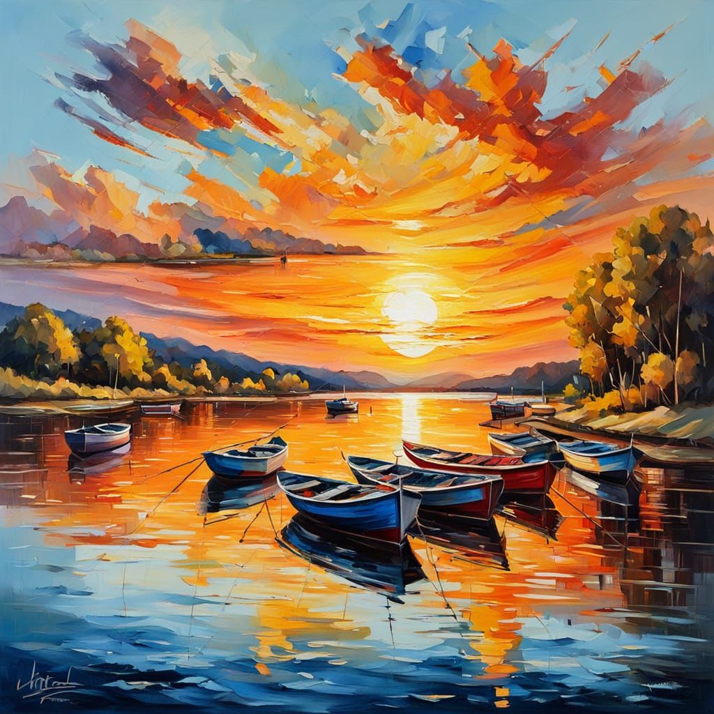 Vibrant Impressionist River Scene at Sunset