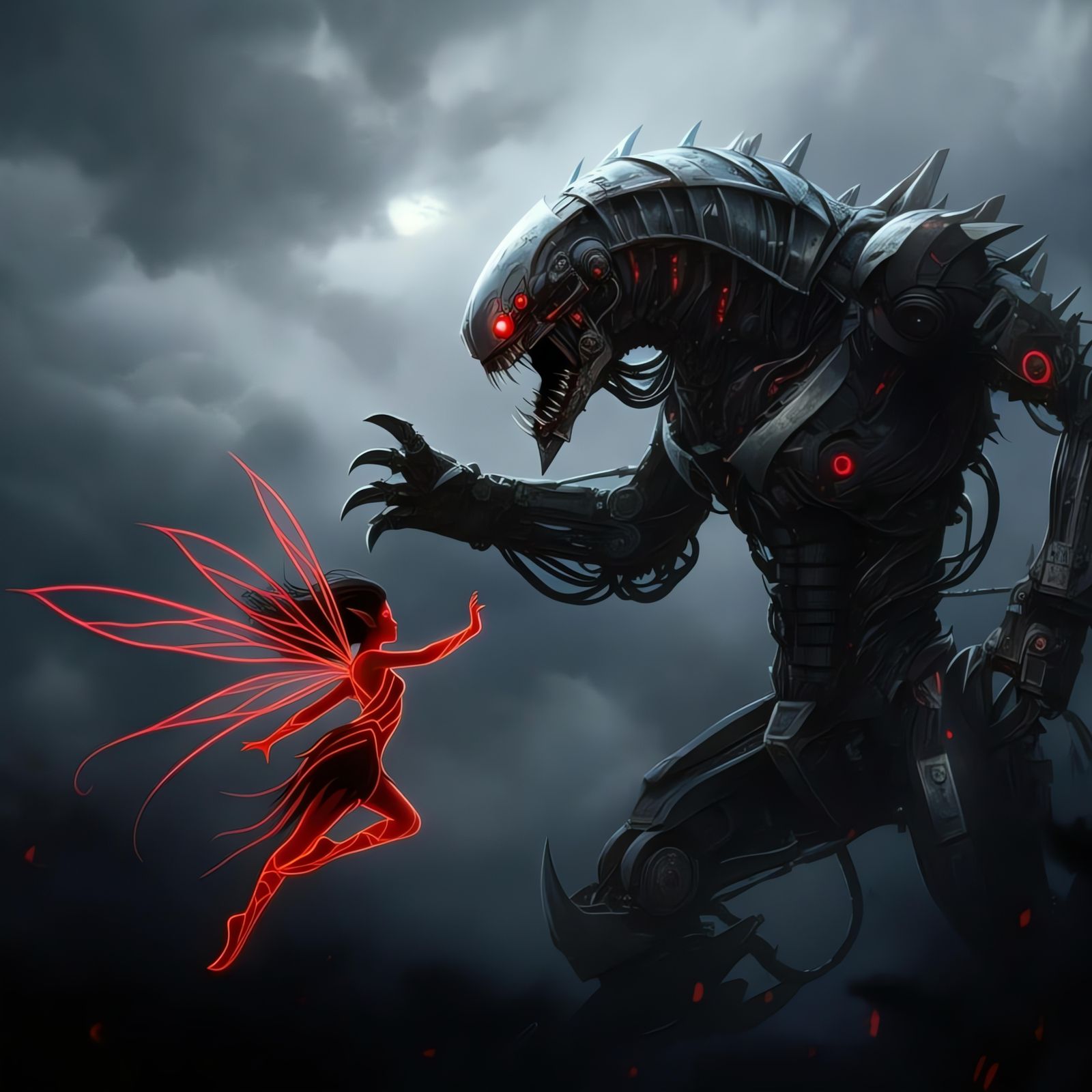 Mechanical Monster Versus Neon Fairy in Digital Art