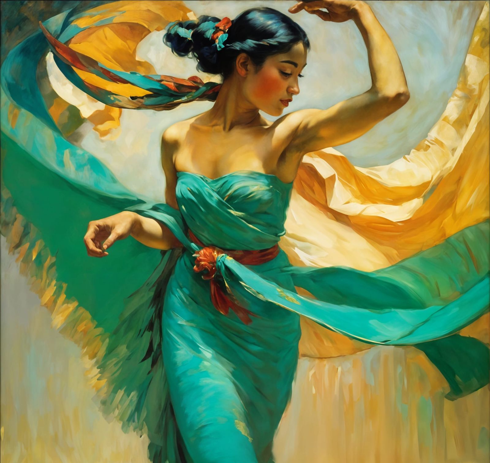 Exotic Turquoise Dancer in Impressionist Style