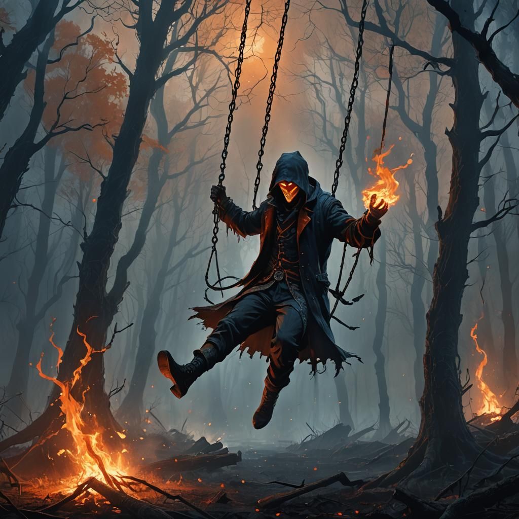 Terrifying Figure on Flaming Swing in Dark Fantasy Art