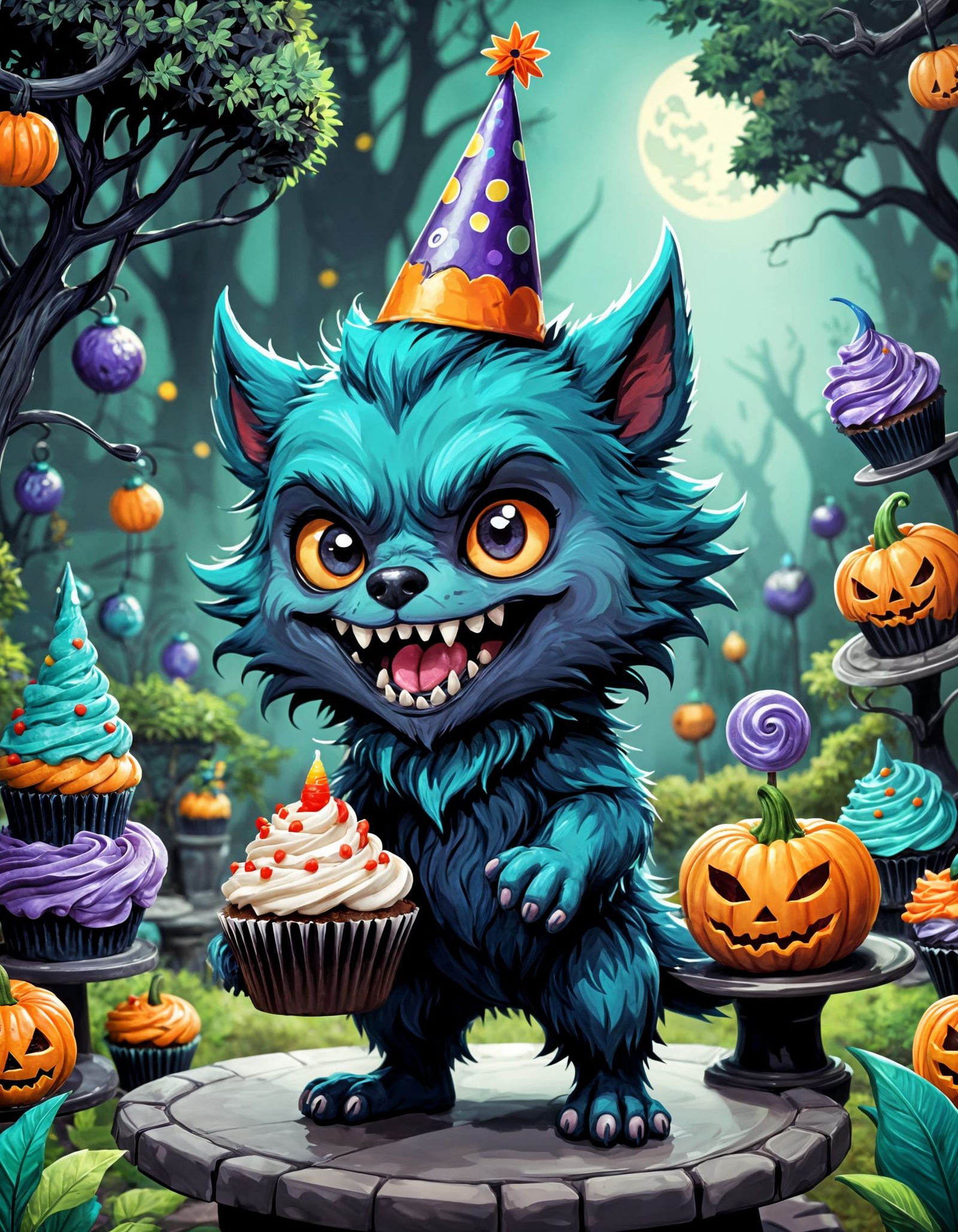Adorable Chibi Werewolf Birthday Party in Spooky Garden