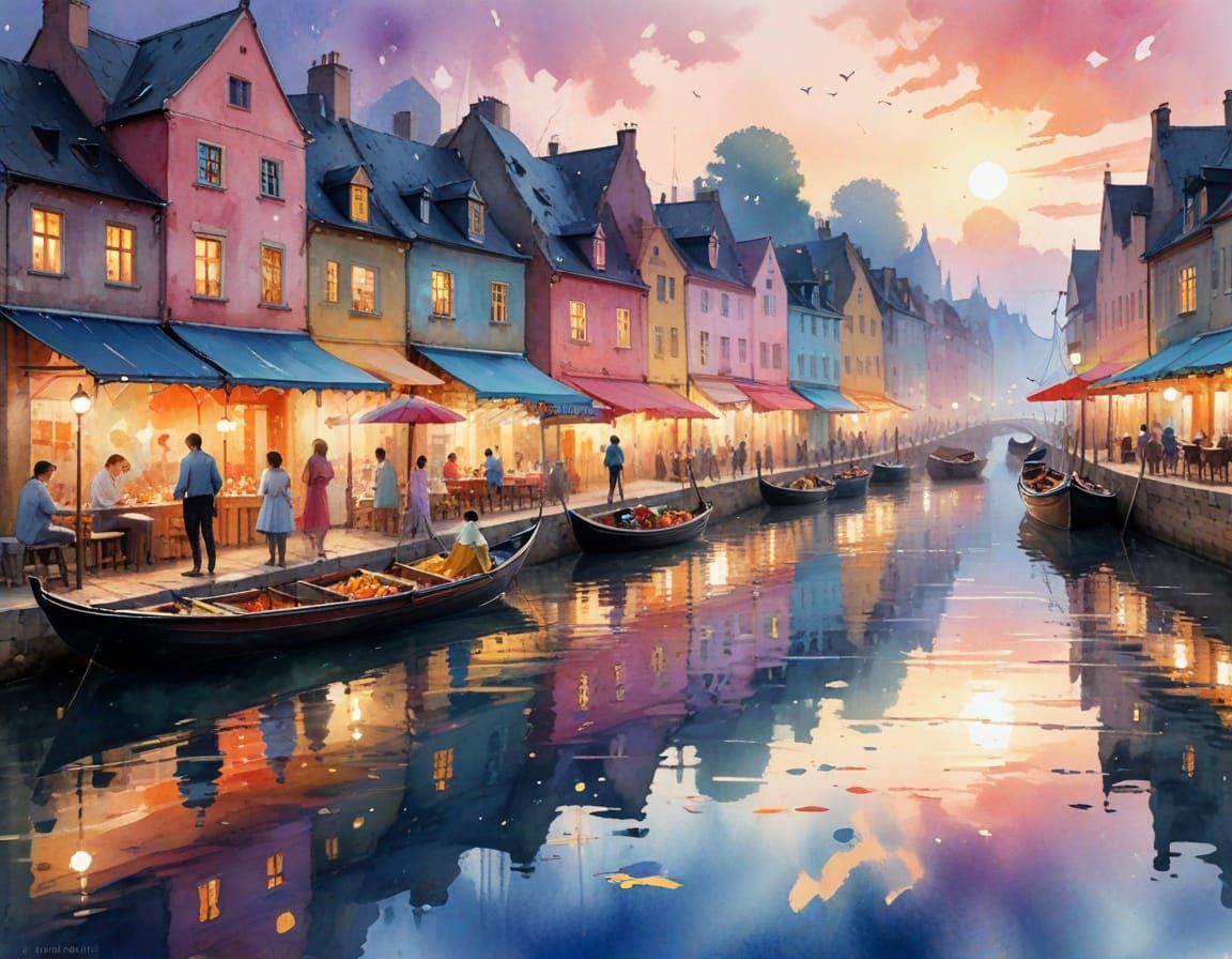 Magical Floating Market in Watercolour Style