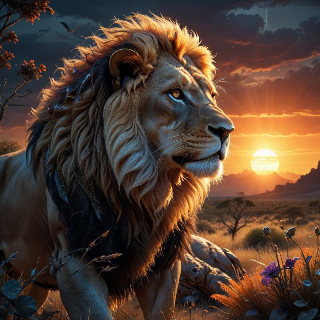 Majestic Lion on Alien Savanna Under Binary Sunset