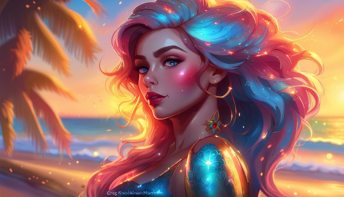 Sunset Shimmer on a Neon Beach, Digital Art
