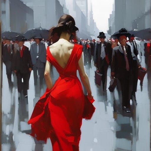 Striking Red Dress in Grey Cityscape