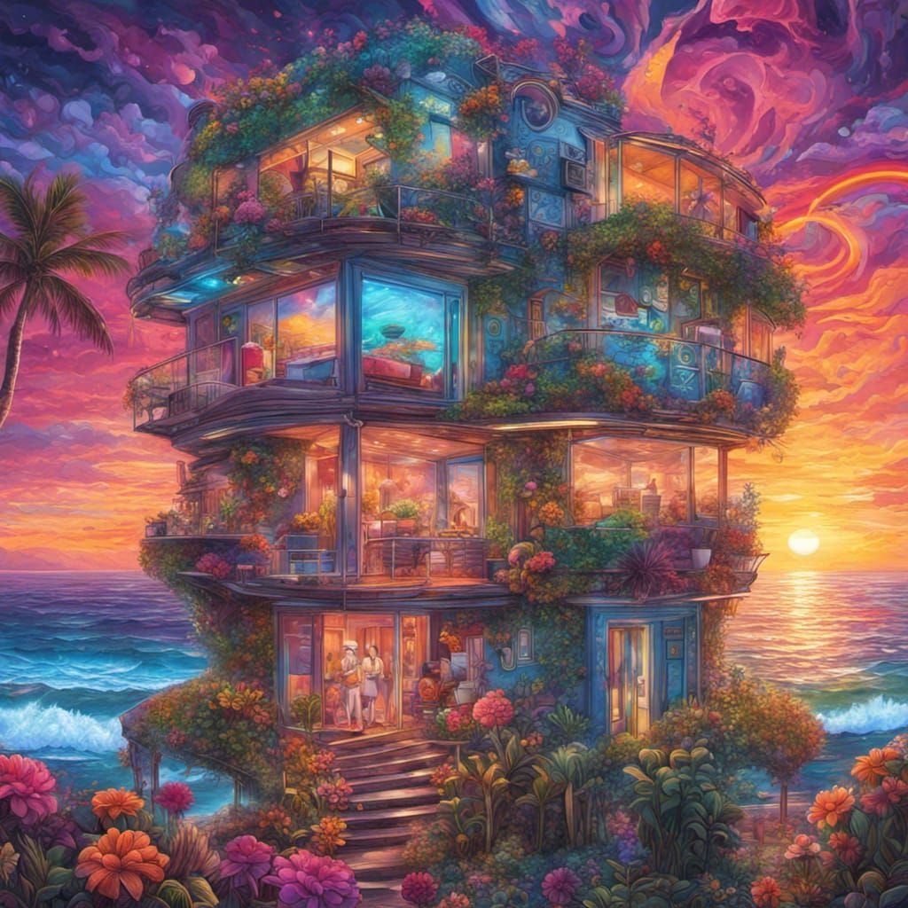 Futuristic Hawaiian Home with Robot Maid at Sunset