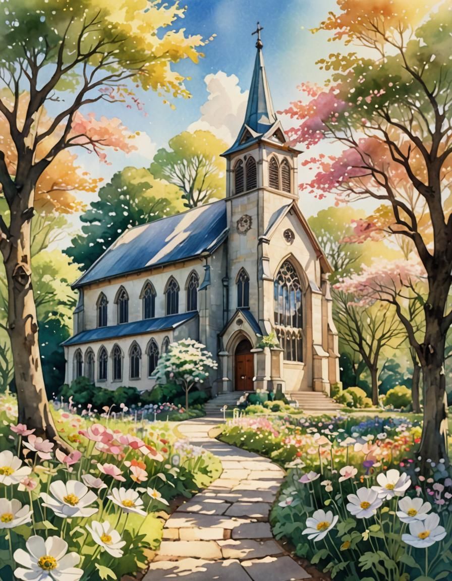 Anime Watercolor: Sunny Church with Anemone