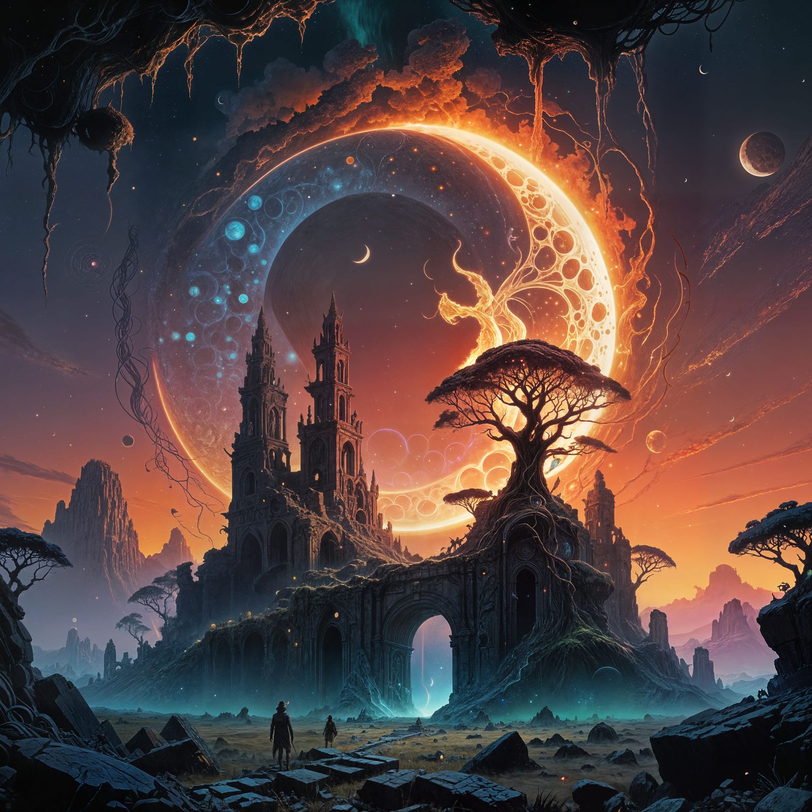 Surreal Exploding Moon over Ancient Ruins