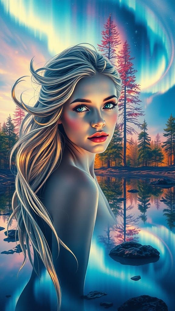 Mythical Woman in Double Exposure with Luminous Colors