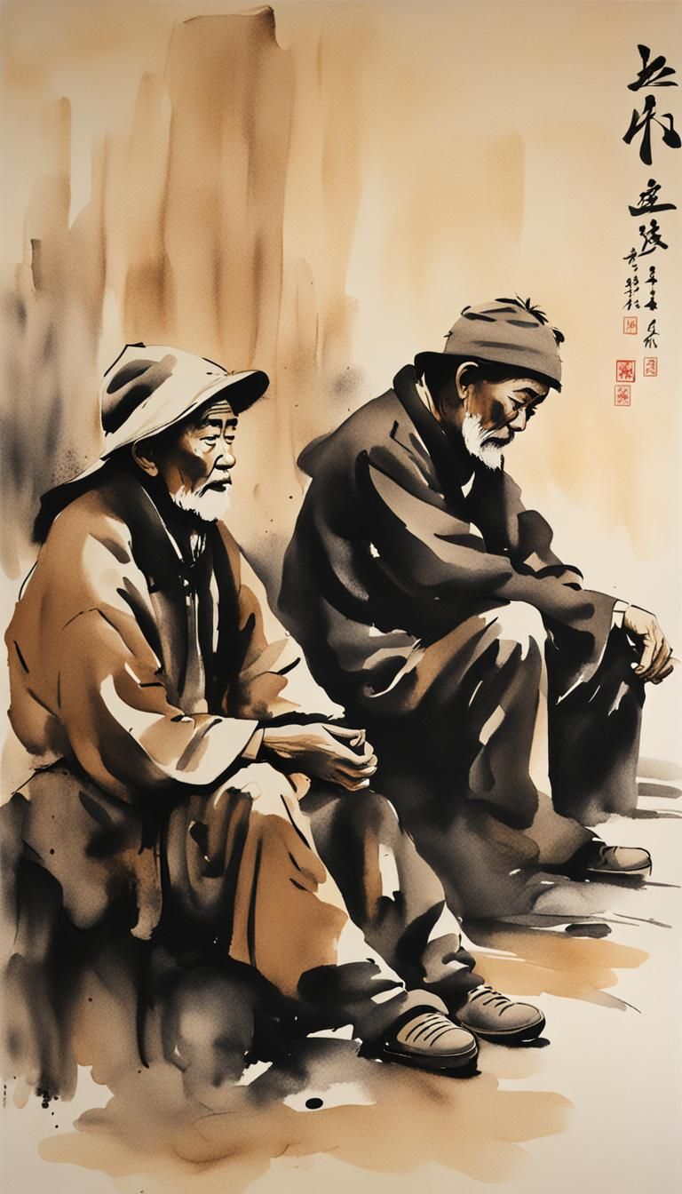 Minimalist Chinese Ink Painting of Homeless People